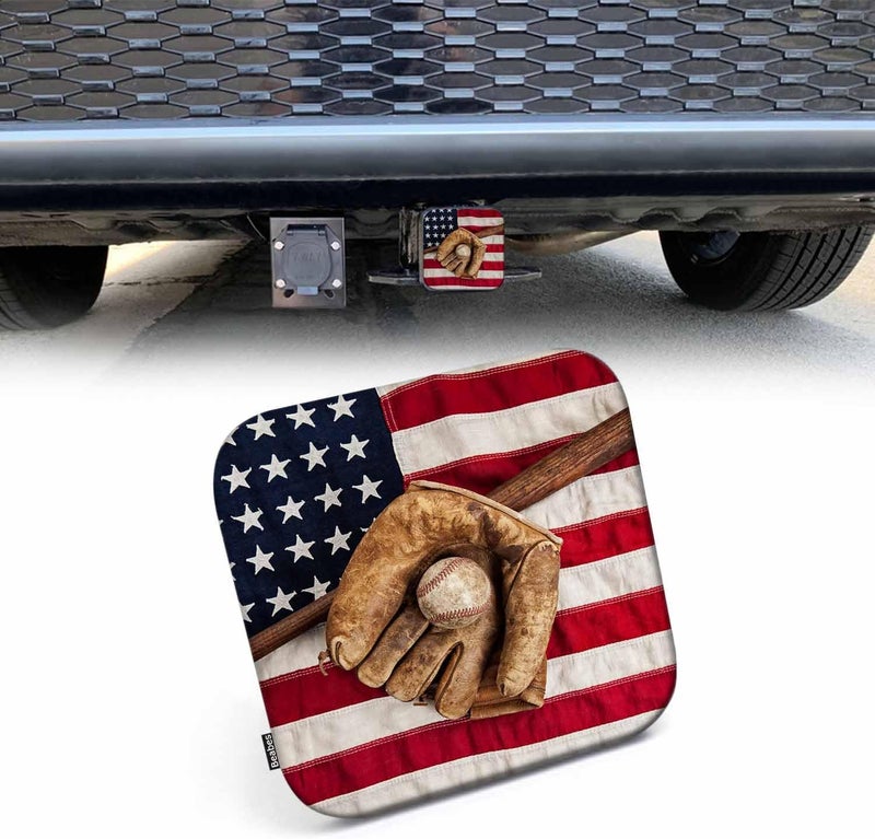 Beabes Trailer Hitch Cover for 2" Receivers American Flag, Vintage Baseball Bat Glove Ball USA Flag Receiver Tube Hitch Plug Towing Hitch Covers Truck Hitch Accessories for Sedans Cars SUVs - Image 1